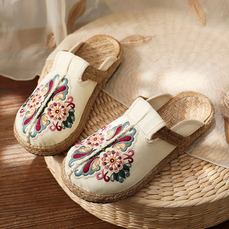 Abstract Embroidered Mules Slides Clogs- Cactus Rose