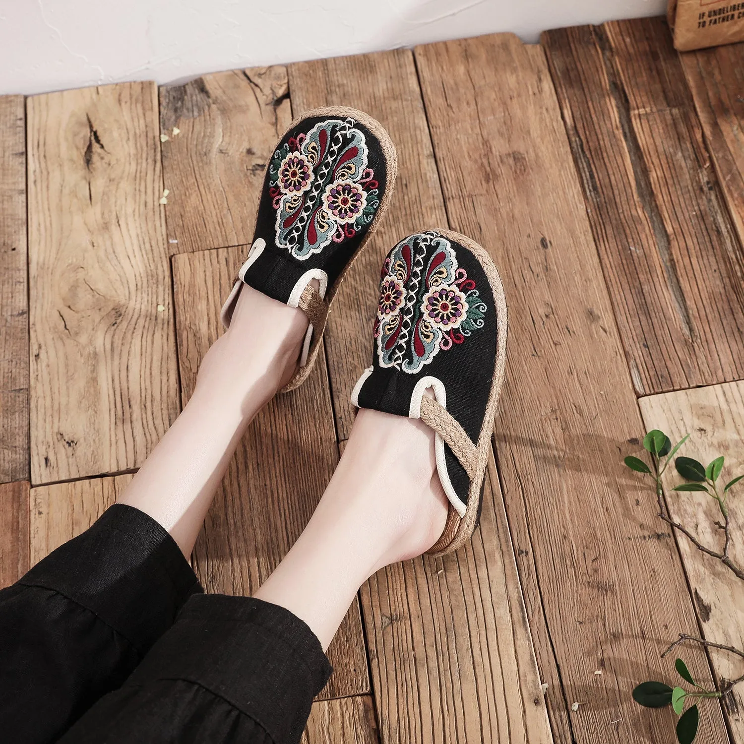 Abstract Embroidered Mules Slides Clogs- Cactus Rose