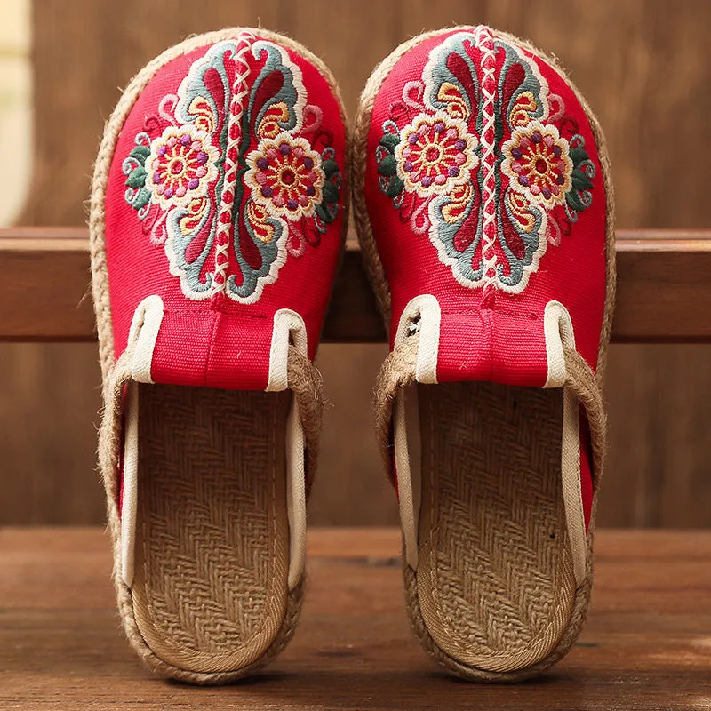 Abstract Embroidered Mules Slides Clogs- Cactus Rose