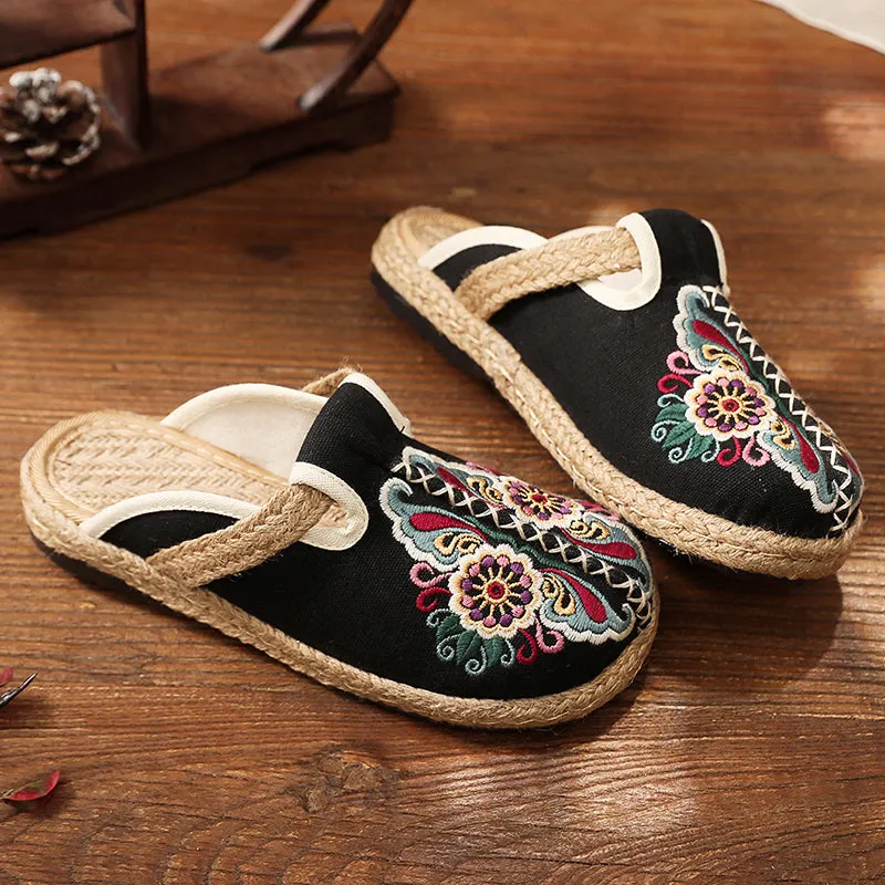 Abstract Embroidered Mules Slides Clogs- Cactus Rose