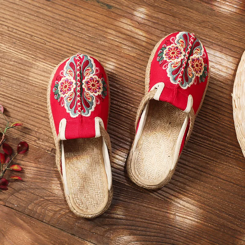 Abstract Embroidered Mules Slides Clogs- Cactus Rose