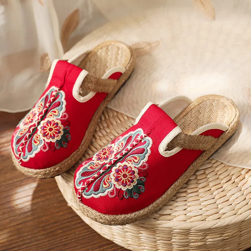 Abstract Embroidered Mules Slides Clogs- Cactus Rose
