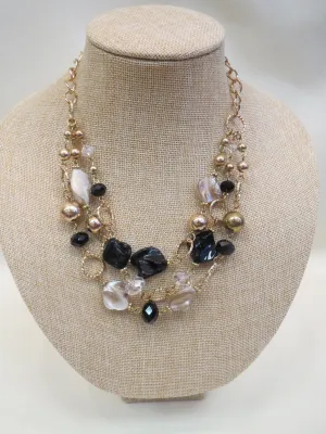 ADO | Three Layer Gold Chain with Black, Cream, & Clear Stones