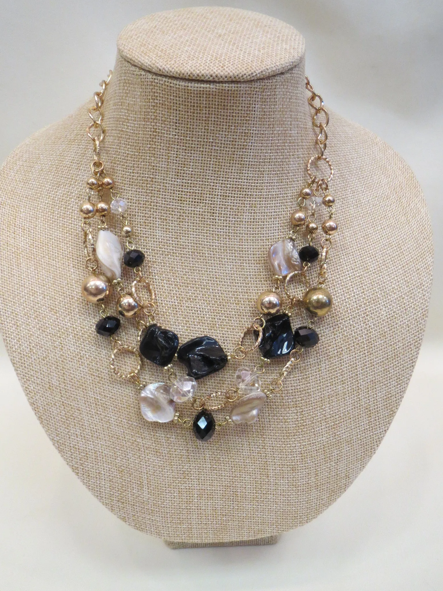 ADO | Three Layer Gold Chain with Black, Cream, & Clear Stones