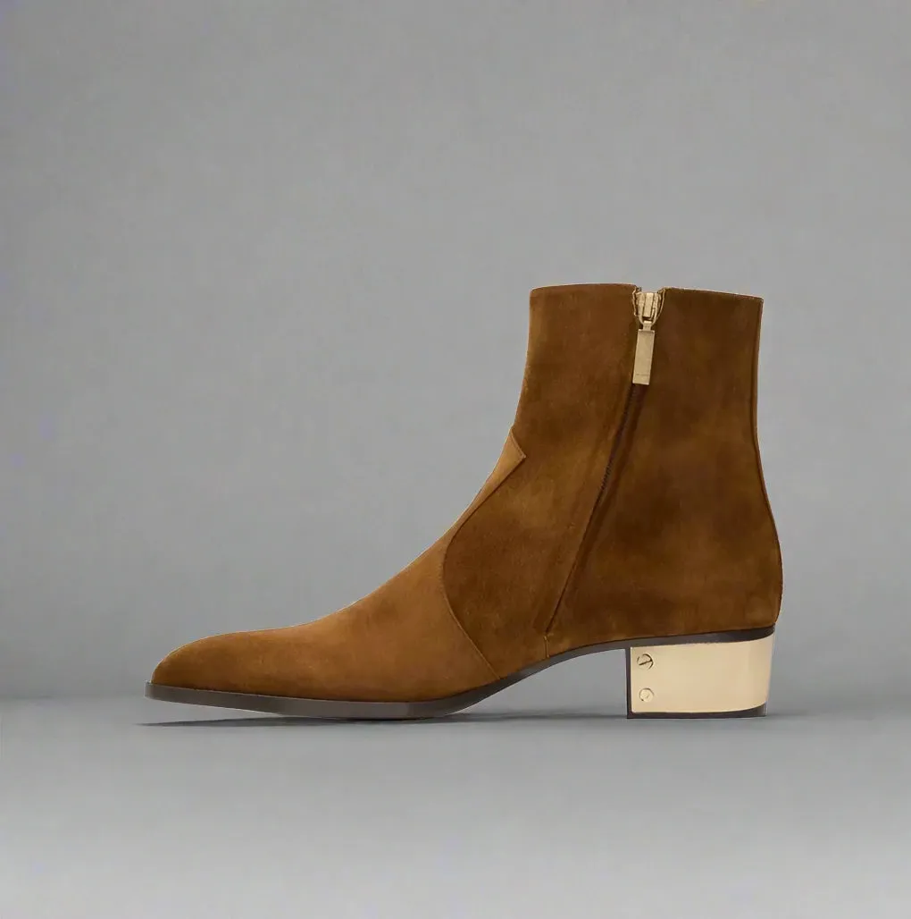 BROWN SUEDE LEATHER SLIP ON CHELSEA BOOTS WITH ZIPPER AND GOLDEN HEEL PLATE - CHELSEA BOOTS