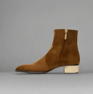 BROWN SUEDE LEATHER SLIP ON CHELSEA BOOTS WITH ZIPPER AND GOLDEN HEEL PLATE - CHELSEA BOOTS