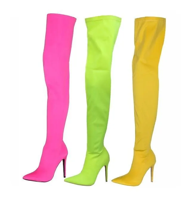 Candy Color Elastic long boots pointed toe thin leg autumn over-the-knee