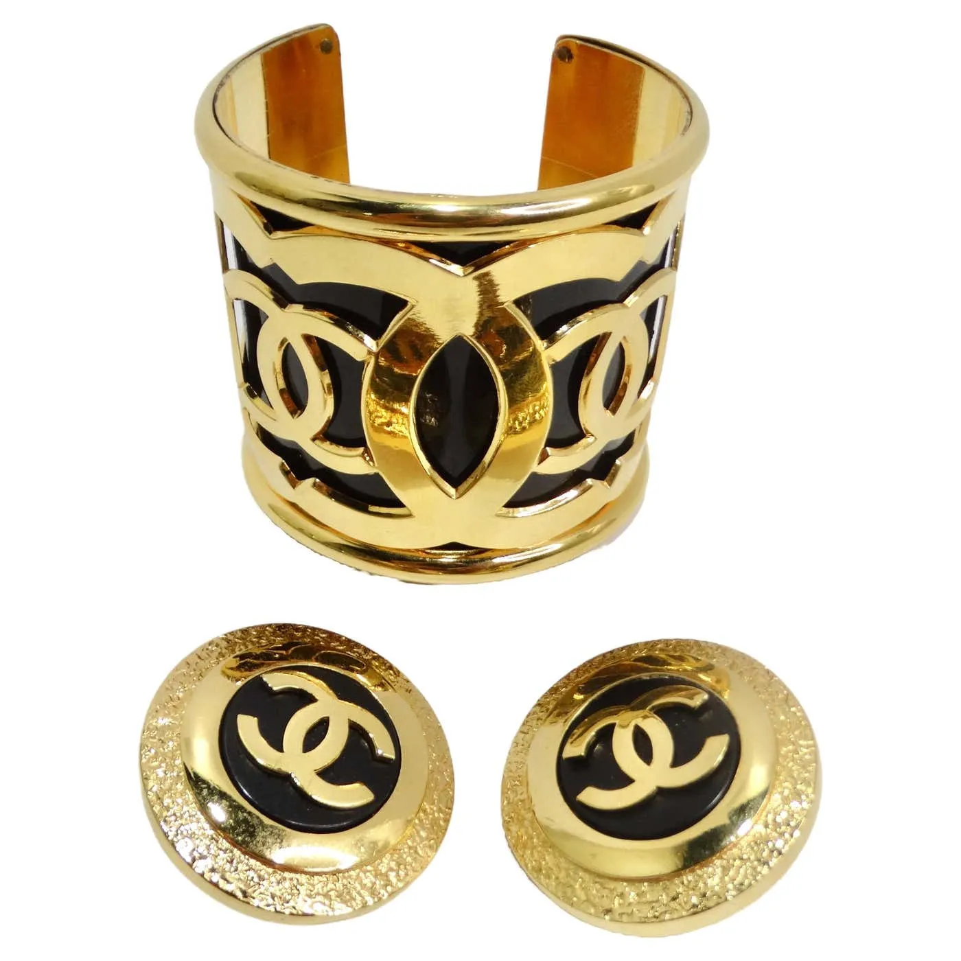 Chanel CC 1990s Gold and Black Earrings and Bracelet Set