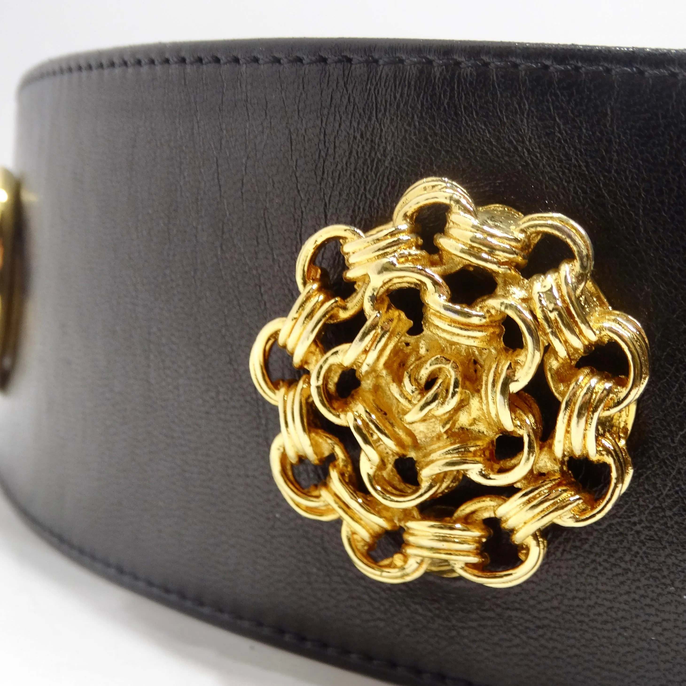 Chanel Rare 1980s Victoire De Castellane Gold Tone Black Leather Belt