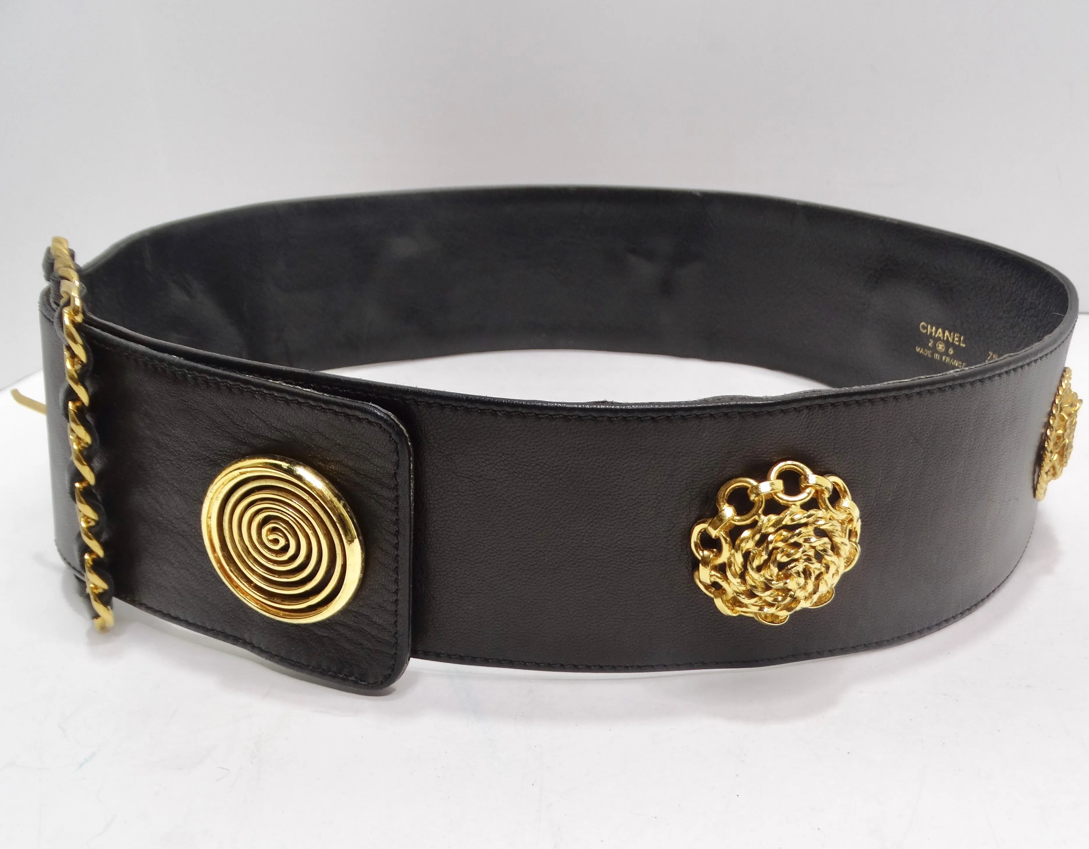 Chanel Rare 1980s Victoire De Castellane Gold Tone Black Leather Belt