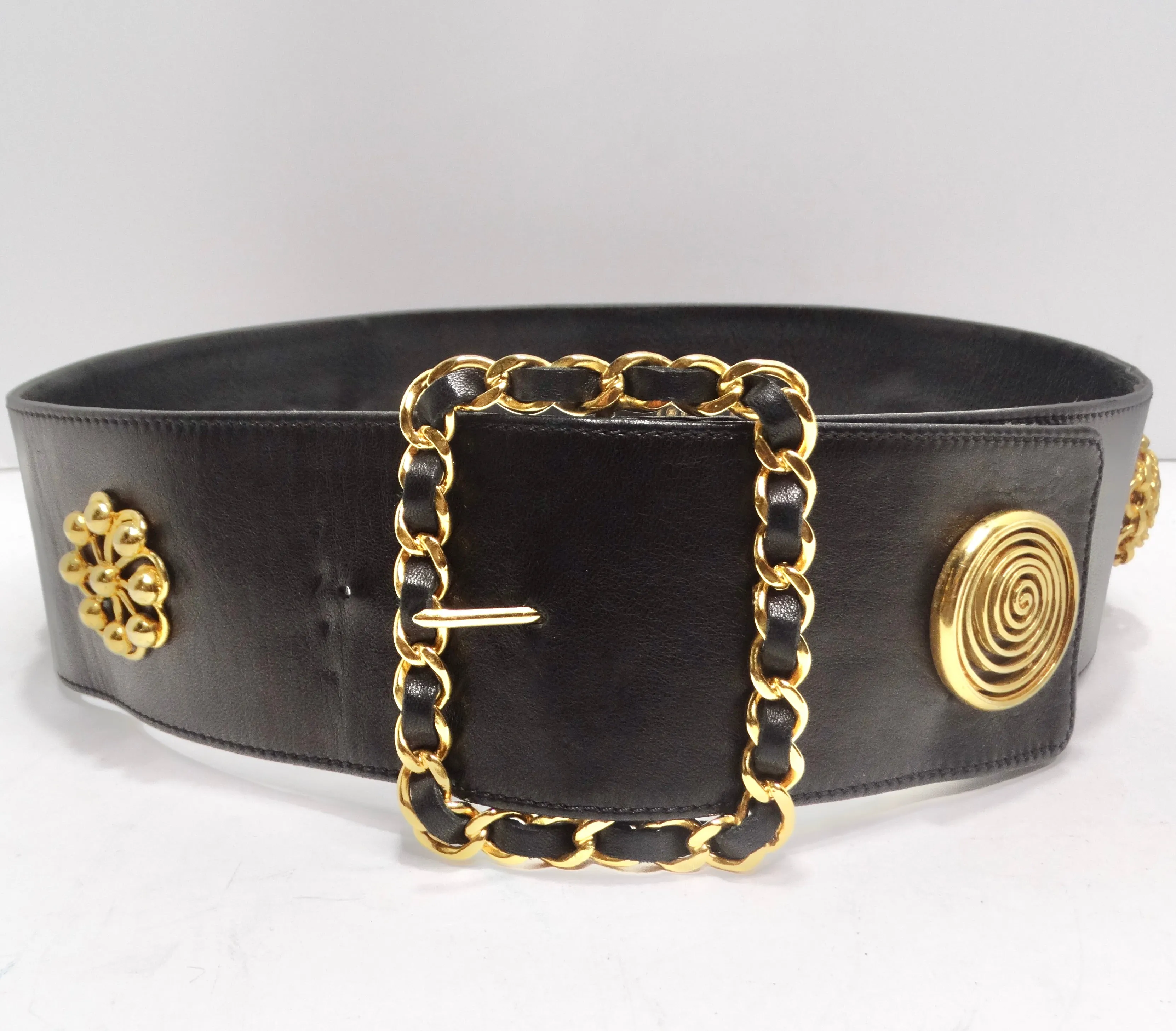 Chanel Rare 1980s Victoire De Castellane Gold Tone Black Leather Belt