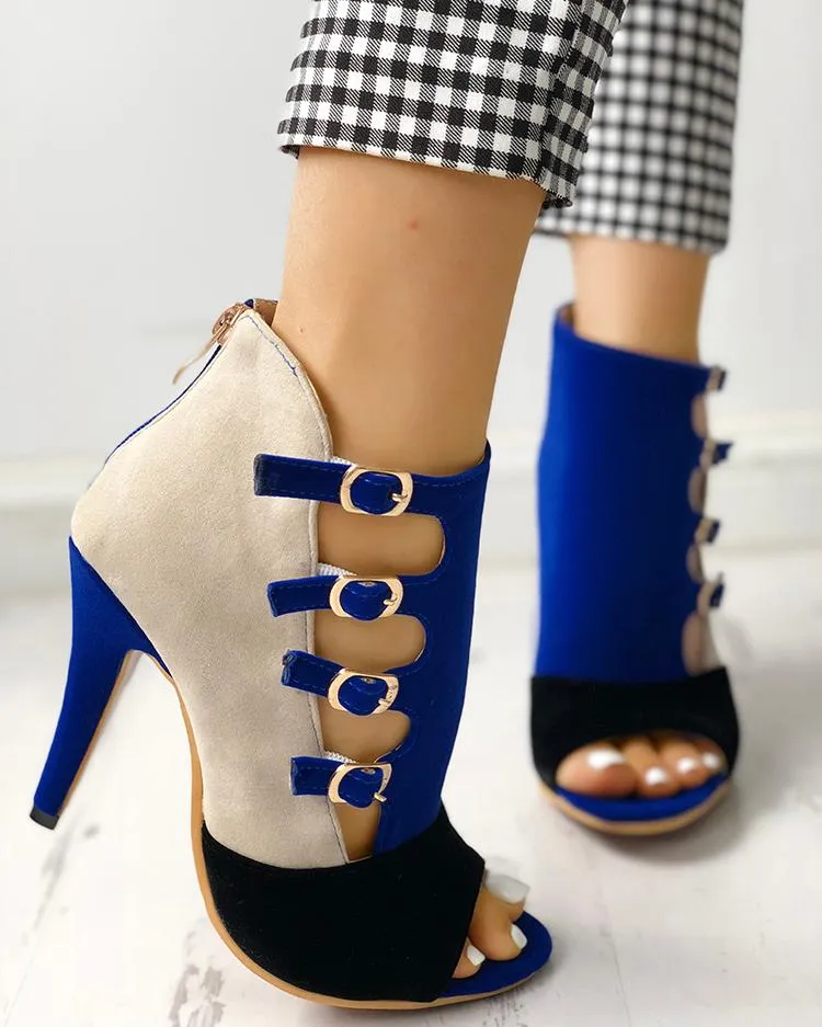 Colorblock Hollow Out Buckled Heels