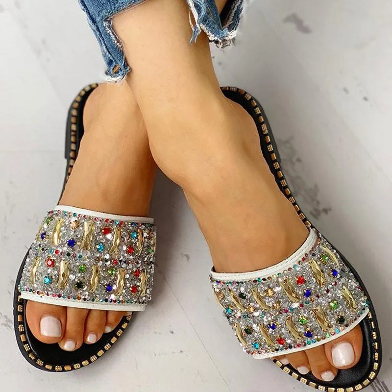 Colorful Studded Sequins Detail Flat Sandals