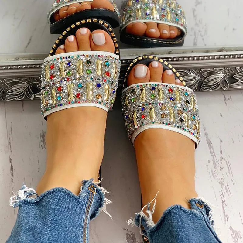 Colorful Studded Sequins Detail Flat Sandals