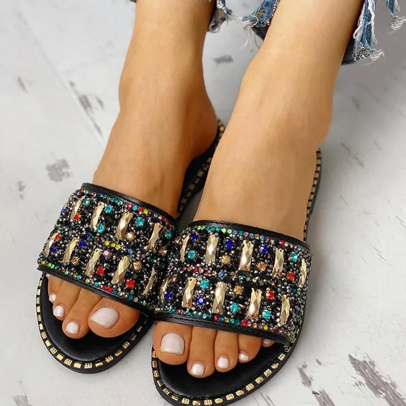 Colorful Studded Sequins Detail Flat Sandals