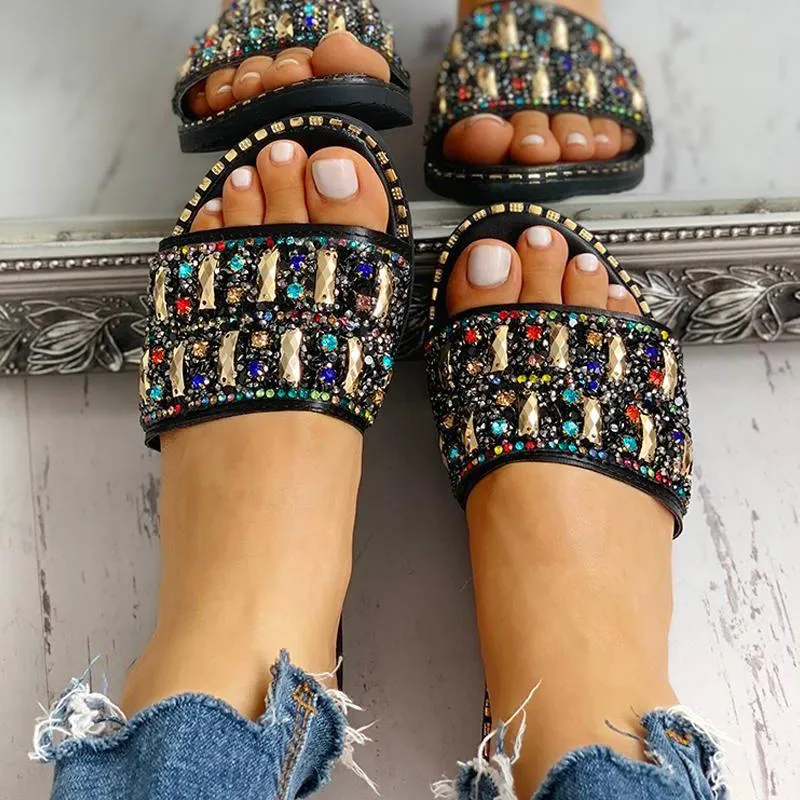 Colorful Studded Sequins Detail Flat Sandals