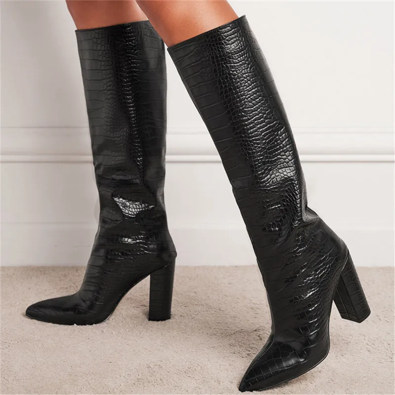 Elegant Lady Pointed Toe Chunky Heels Long Boots for Fashion Show