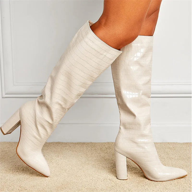 Elegant Lady Pointed Toe Chunky Heels Long Boots for Fashion Show