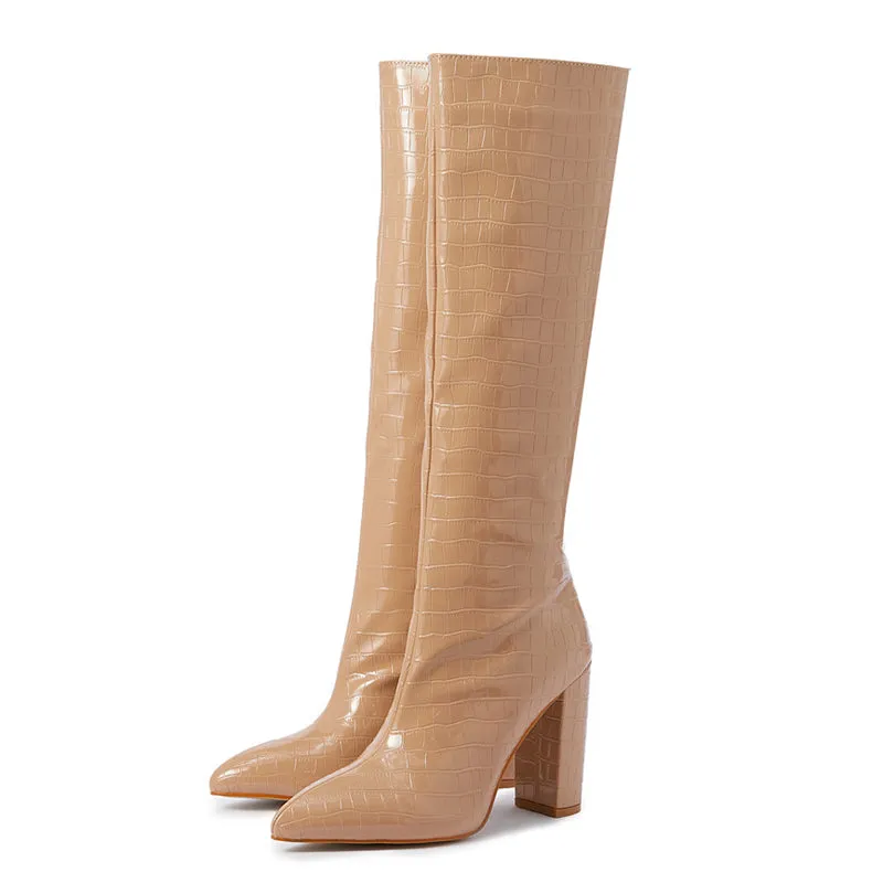 Elegant Lady Pointed Toe Chunky Heels Long Boots for Fashion Show