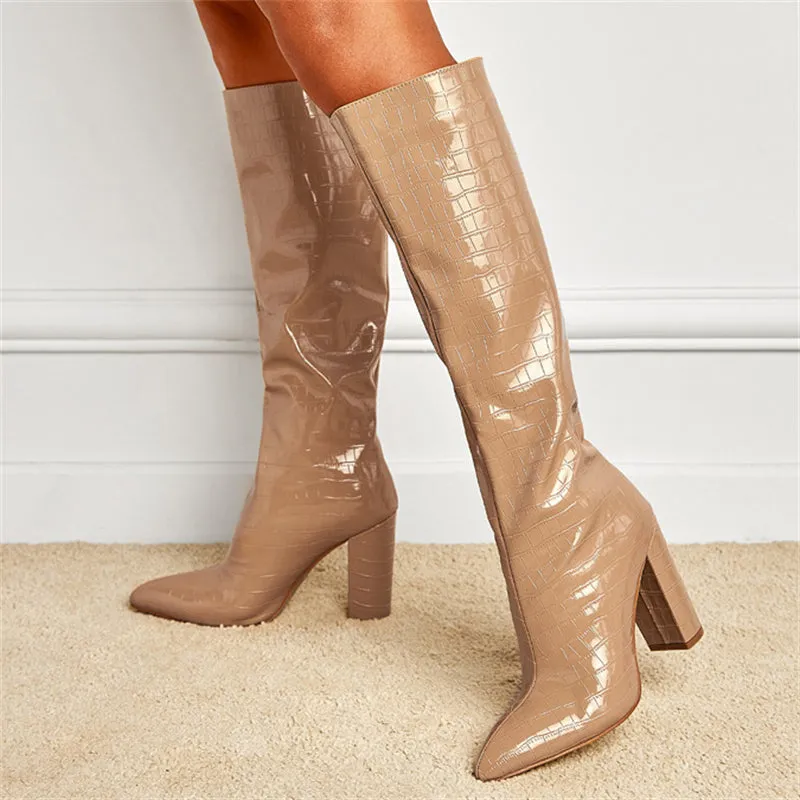 Elegant Lady Pointed Toe Chunky Heels Long Boots for Fashion Show