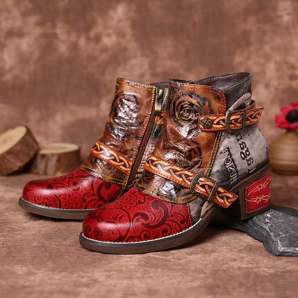 Embossed Boots Rose Genuine Leather Splicing Low Heel Ankle Boots Elegant Ladies Shoes Women Shoes Botas Mujer 2020