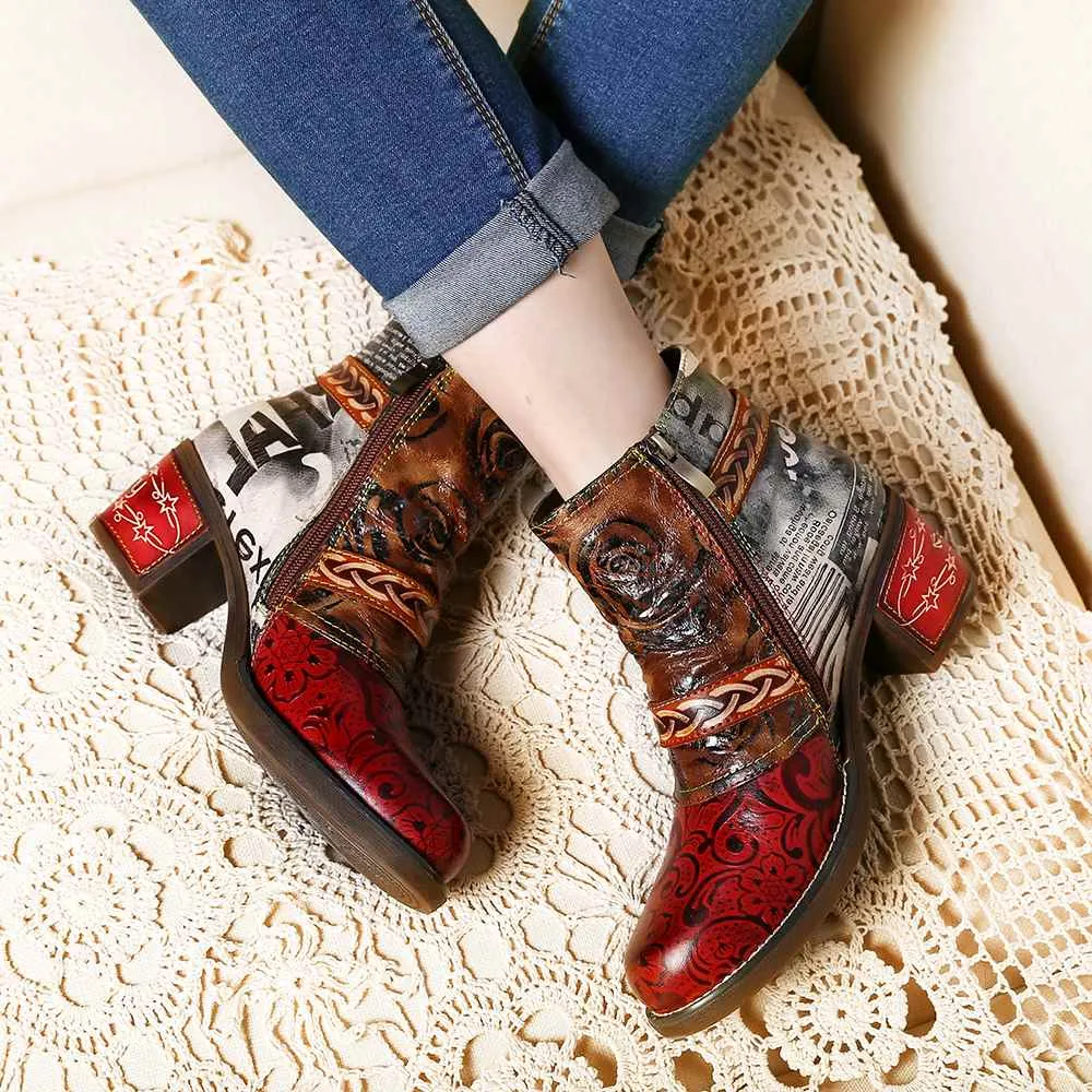 Embossed Boots Rose Genuine Leather Splicing Low Heel Ankle Boots Elegant Ladies Shoes Women Shoes Botas Mujer 2020