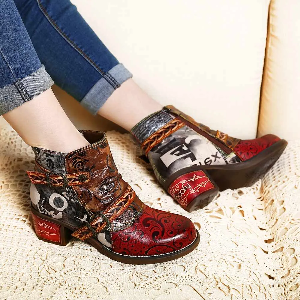 Embossed Boots Rose Genuine Leather Splicing Low Heel Ankle Boots Elegant Ladies Shoes Women Shoes Botas Mujer 2020
