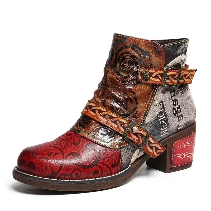 Embossed Boots Rose Genuine Leather Splicing Low Heel Ankle Boots Elegant Ladies Shoes Women Shoes Botas Mujer 2020