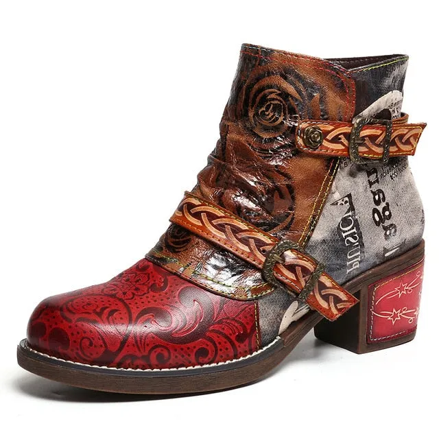 Embossed Boots Rose Genuine Leather Splicing Low Heel Ankle Boots Elegant Ladies Shoes Women Shoes Botas Mujer 2020