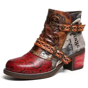 Embossed Boots Rose Genuine Leather Splicing Low Heel Ankle Boots Elegant Ladies Shoes Women Shoes Botas Mujer 2020