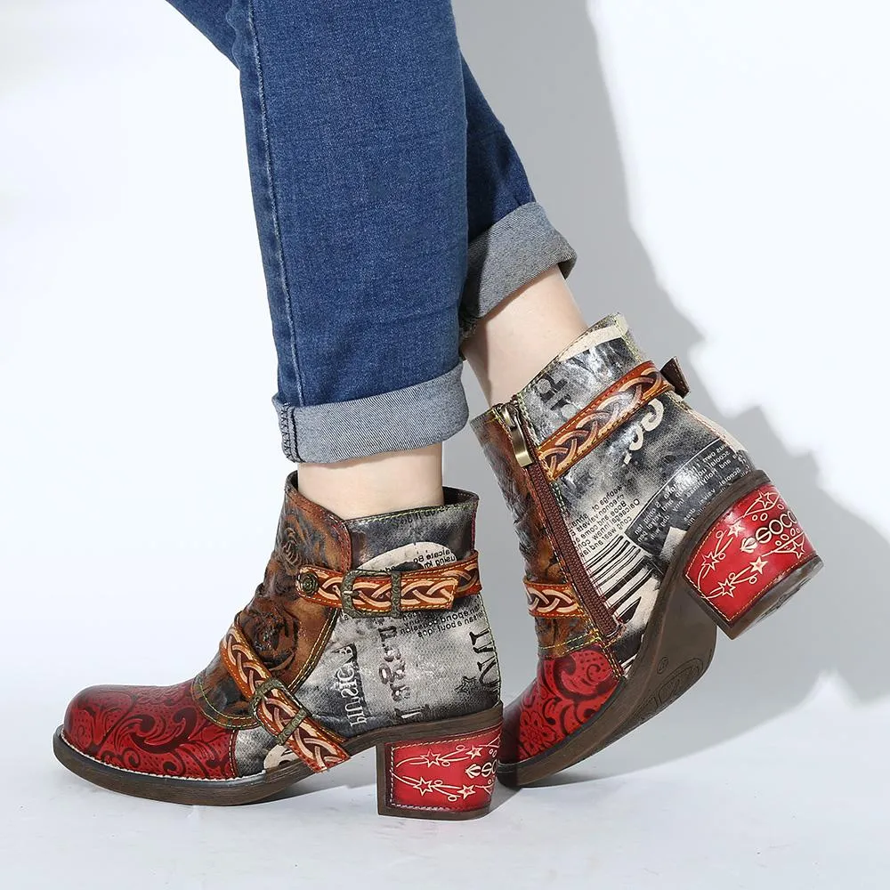 Embossed Boots Rose Genuine Leather Splicing Low Heel Ankle Boots Elegant Ladies Shoes Women Shoes Botas Mujer 2020