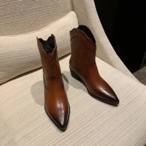 Fashion European Leather Boots Women Ankle Booties Square Mid Heels Pointed Toe Western Cowboy Boots Slip on Women Winter Boots