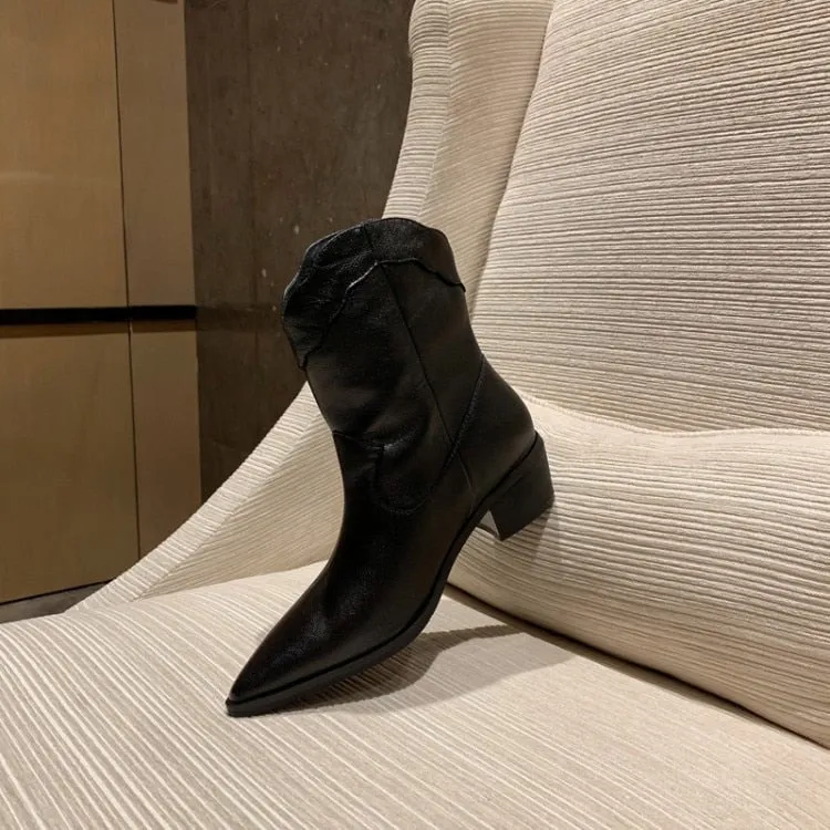Fashion European Leather Boots Women Ankle Booties Square Mid Heels Pointed Toe Western Cowboy Boots Slip on Women Winter Boots