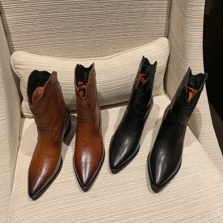 Fashion European Leather Boots Women Ankle Booties Square Mid Heels Pointed Toe Western Cowboy Boots Slip on Women Winter Boots
