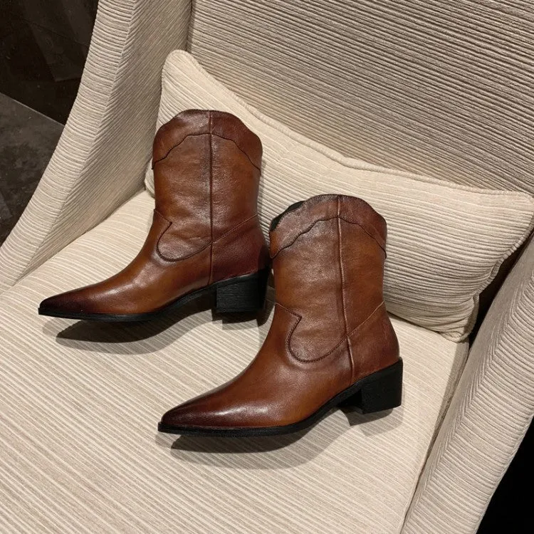 Fashion European Leather Boots Women Ankle Booties Square Mid Heels Pointed Toe Western Cowboy Boots Slip on Women Winter Boots