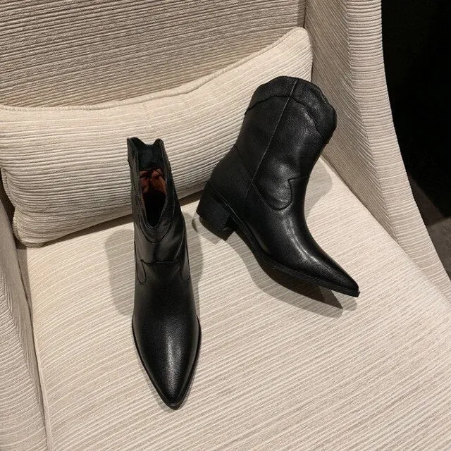Fashion European Leather Boots Women Ankle Booties Square Mid Heels Pointed Toe Western Cowboy Boots Slip on Women Winter Boots