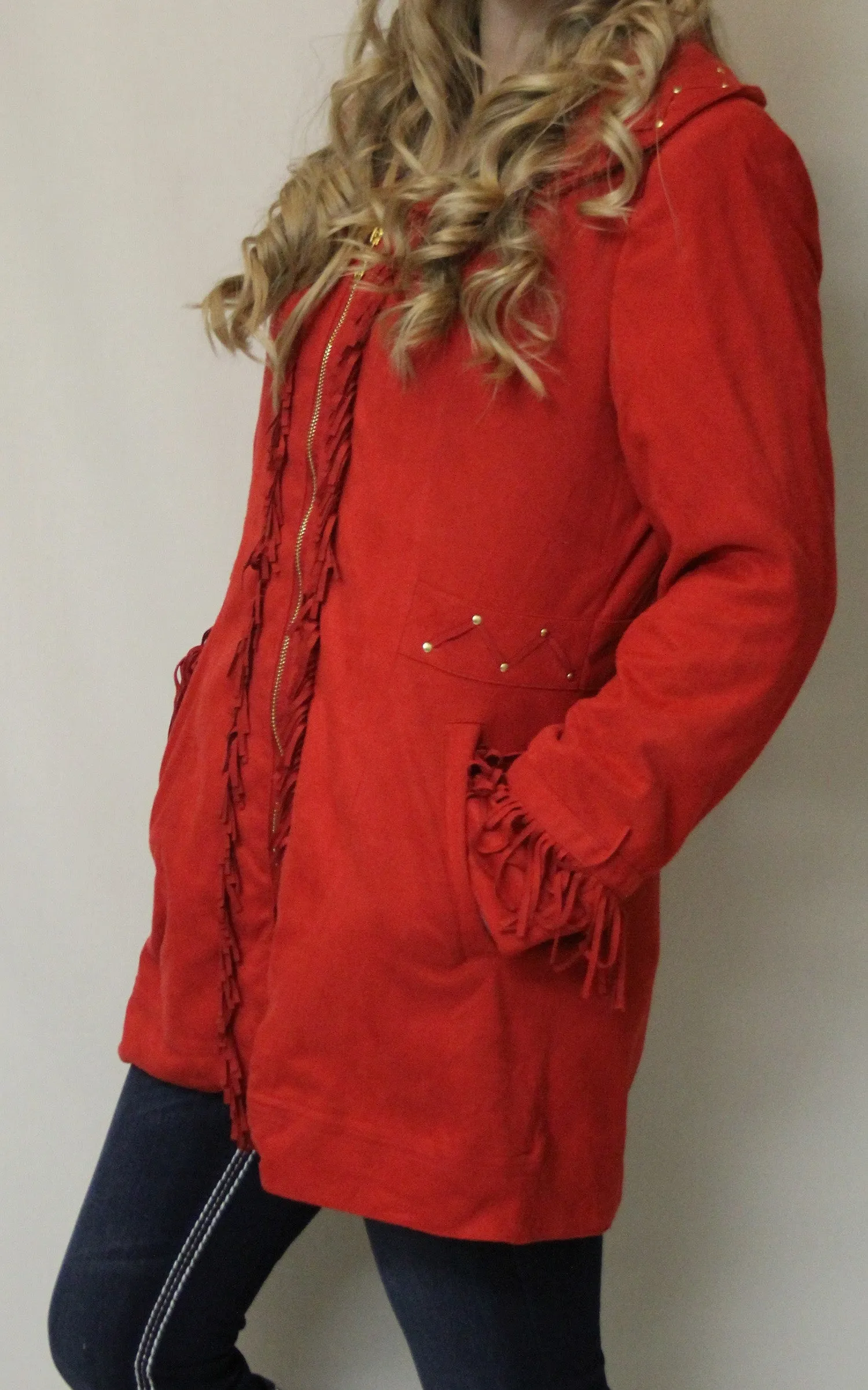 Firmiana | Coat with Zipper and Fringe Red