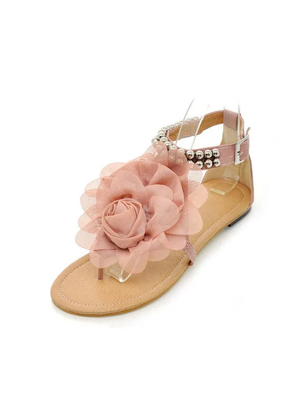 Flower String Beads Ankle Straps Flat Sandals
