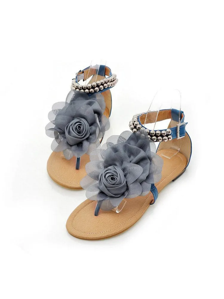 Flower String Beads Ankle Straps Flat Sandals