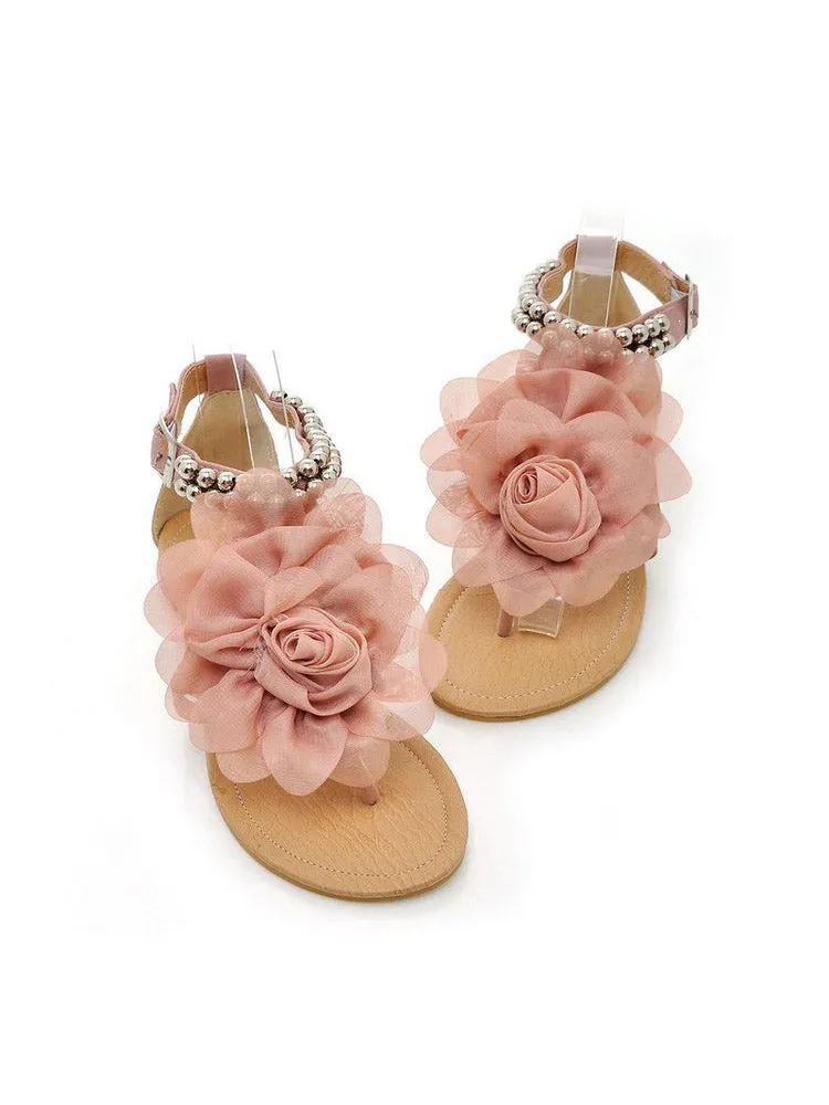 Flower String Beads Ankle Straps Flat Sandals