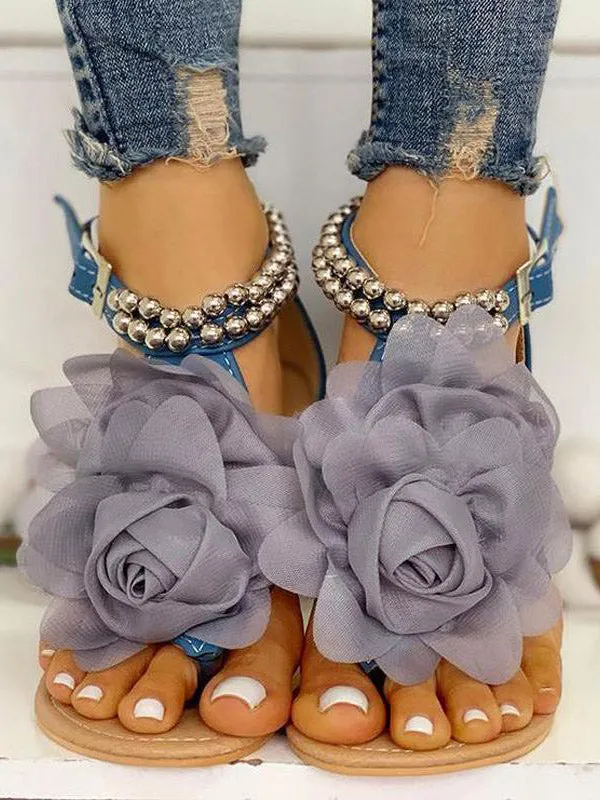 Flower String Beads Ankle Straps Flat Sandals