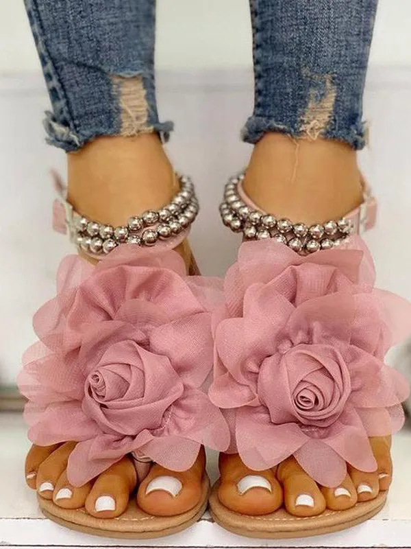 Flower String Beads Ankle Straps Flat Sandals