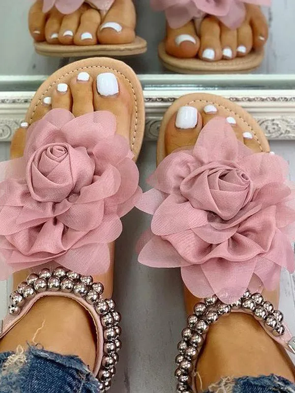 Flower String Beads Ankle Straps Flat Sandals