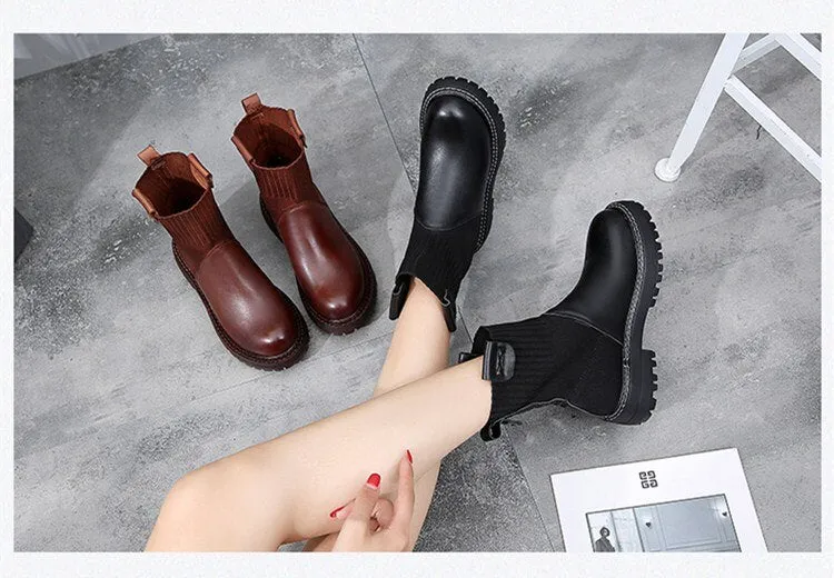 Genuinne Leather boots women 2020 spring new retro casual boots women's Martin boots British style socks women's boots
