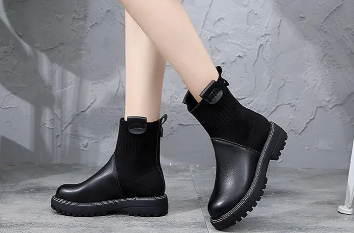 Genuinne Leather boots women 2020 spring new retro casual boots women's Martin boots British style socks women's boots