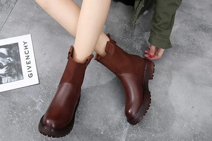 Genuinne Leather boots women 2020 spring new retro casual boots women's Martin boots British style socks women's boots