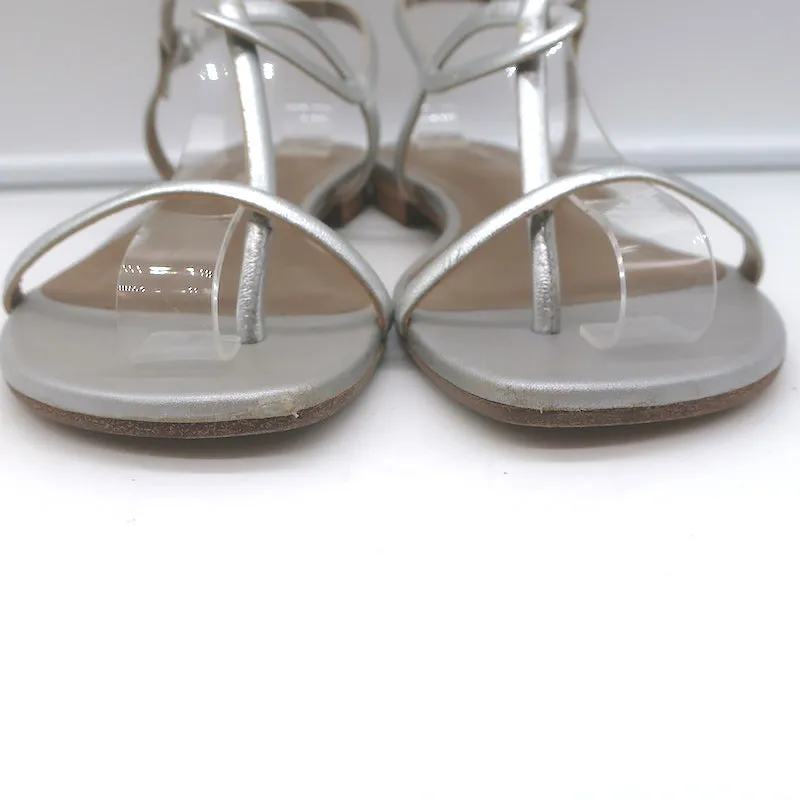 Hermes Flat Slingback Thong Sandals Silver Metallic Leather Size 40