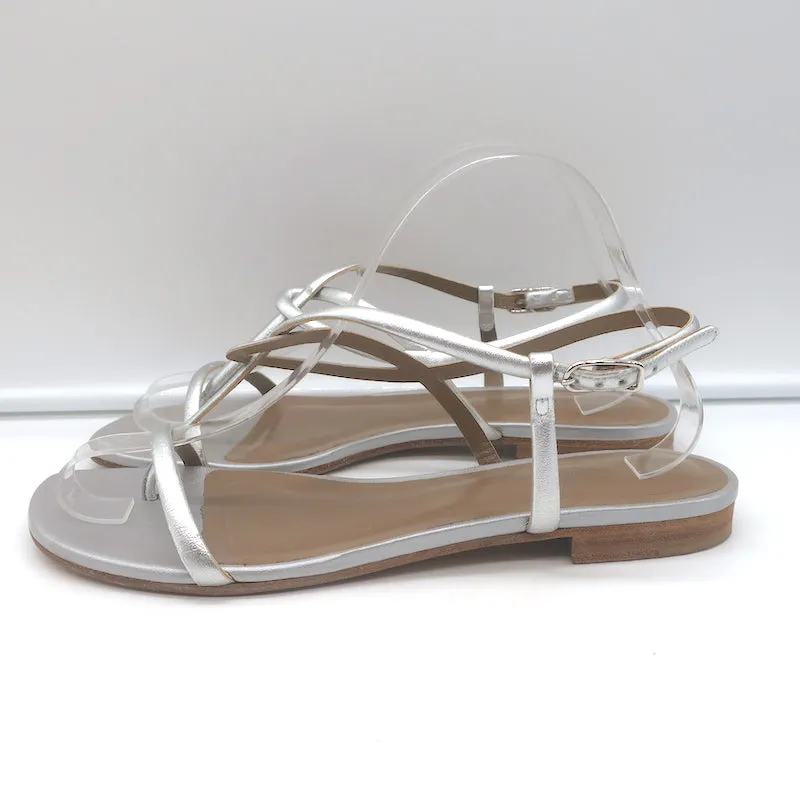 Hermes Flat Slingback Thong Sandals Silver Metallic Leather Size 40