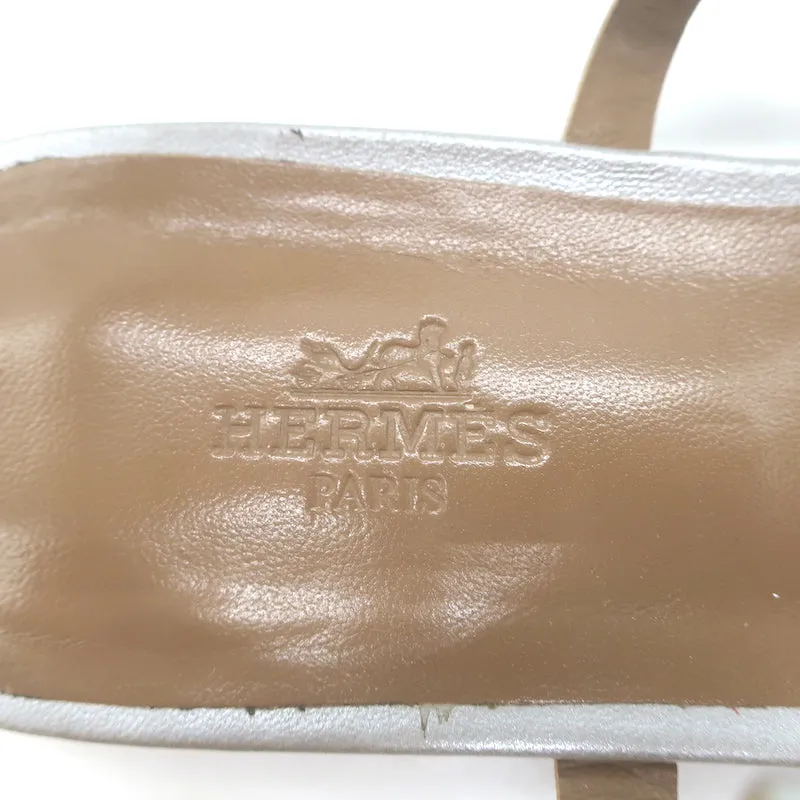 Hermes Flat Slingback Thong Sandals Silver Metallic Leather Size 40
