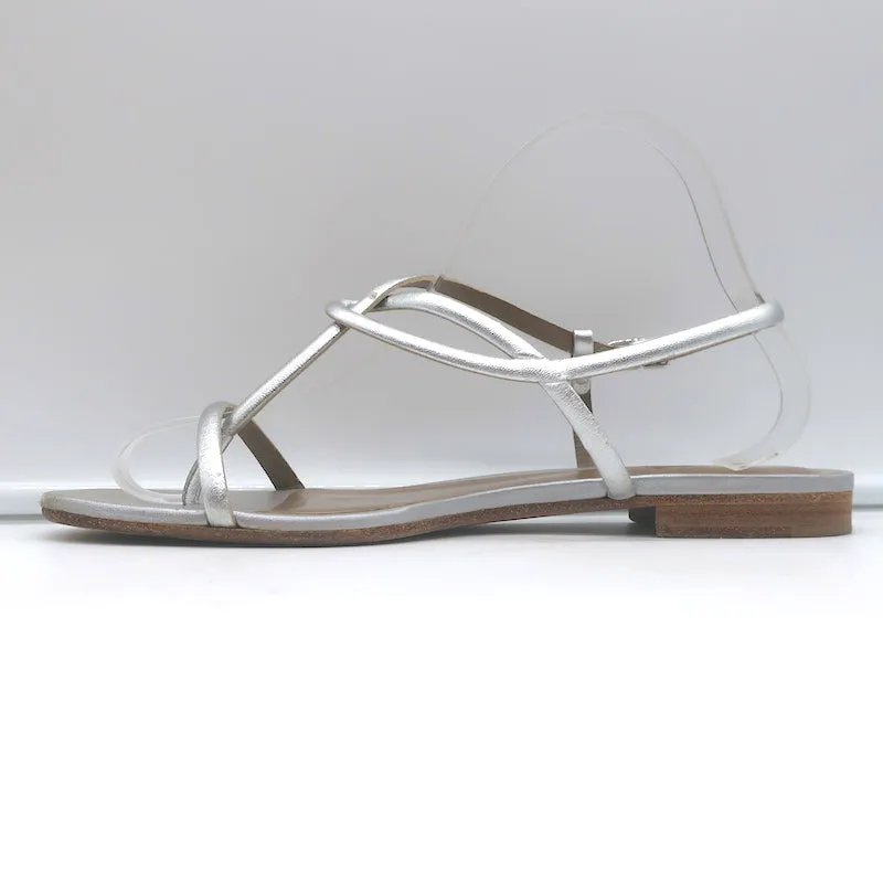 Hermes Flat Slingback Thong Sandals Silver Metallic Leather Size 40
